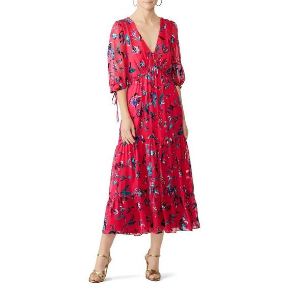 Tanya Taylor Dulce Dress Floral Silk Blend 3/4 Sleeve V-Neck Tiered Midi Pink 6 - Picture 1 of 9